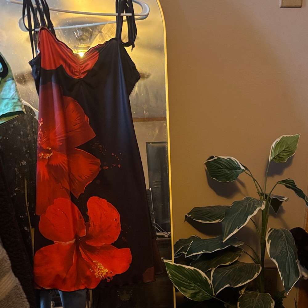 Black Dress with Red Floral Design